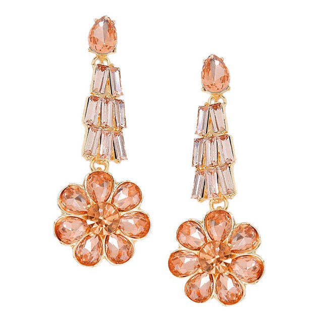 Crystal Rhinestone Flower Earrings - Pink