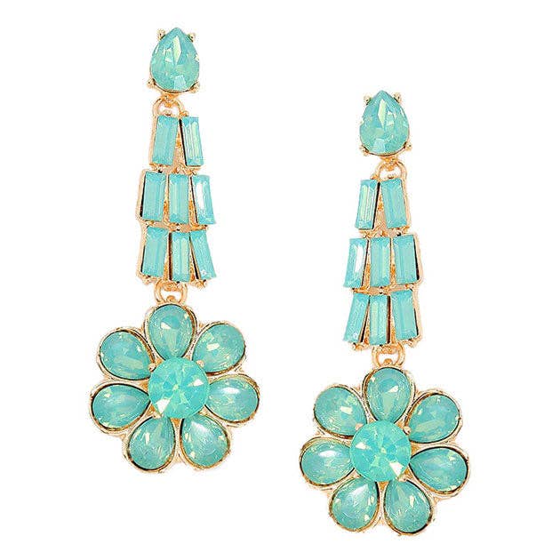 Crystal Rhinestone Flower Earrings - Blue